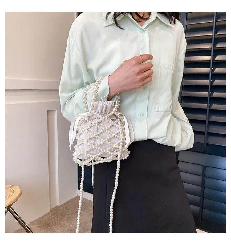 Women Pearl Bag Small Mini Tote Bucket Bag Woven Crossbody Hand Bags for Women Coin Purse Wallet Handbag Ladies Shoulder Bags