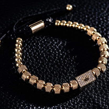 [Micro-Set Bead Bracelet] Luxury Micro-Set Square Crown Bead Adjustable Size Men's Gorgeous Braided Bracelet