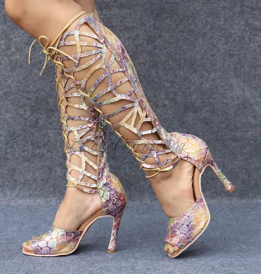 Ladingwu High-end Custom Material Fish Scale Texture Women Dance Shoes Sexy Pole Dance Boots Ladies Wedding Ballroom Shoes
