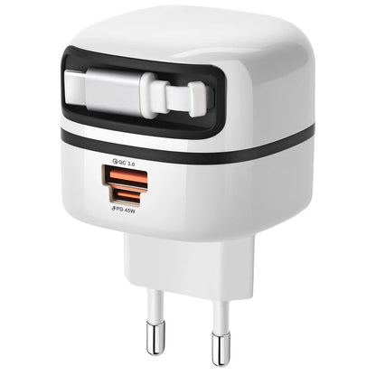 HAPPORIA 65W USB C Fast Charger Retractable Cable 3 Port Travel Adapter Foldable Plug PD Charger for iPhone 15 16 17 Samsung