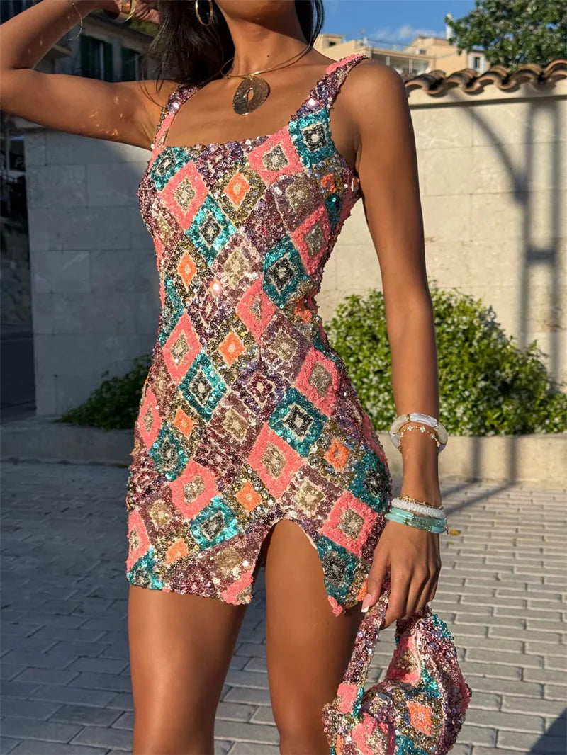 Mozision Multicolour Pattern Sequins Sexy Mini Dress Women Fashion Square Collar Sleeveless Backless Sparkle Club Party Dresses