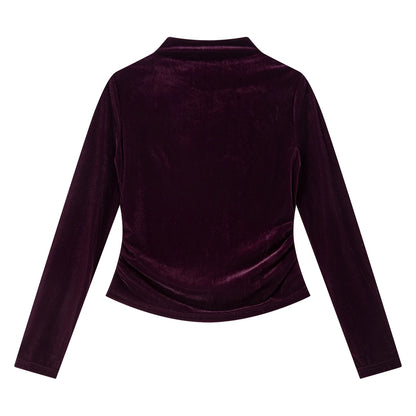 VIMLY Women's Red Velvet T-shirt Casual Knitted Slim Fit Tops Winter 2026 Vintage Mock Neck Folds Long Sleeve Ladies Tees A3305