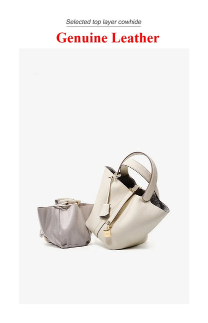 Genuine Leather Shoulder Bucket Bag Women Litchi Pattern Mini Basket Tote Soft Handbag Mommy Bride Wedding Bags with Lock