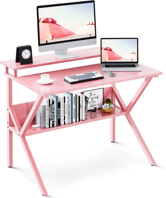 27.5 Inch Small Desk with Storage, Kids Study Table for Small Spaces, Pink Computer Desk with Monitor Stand