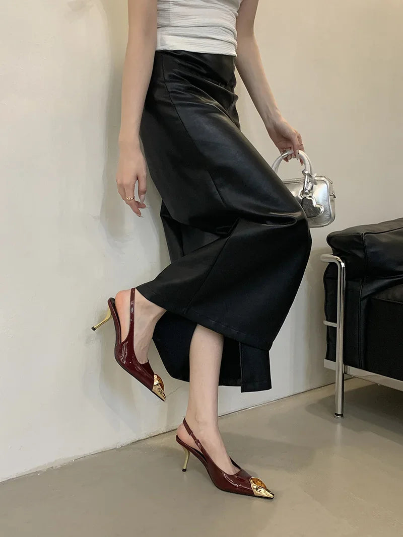 Fashion Design Inlay Gems Pointed Toe Patent Leather Sexy Slingback Sandals Women Pumps High Heels Wedding Banquet Shoes