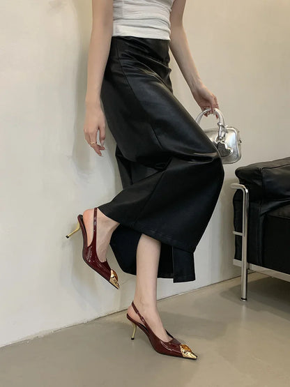 Fashion Design Inlay Gems Pointed Toe Patent Leather Sexy Slingback Sandals Women Pumps High Heels Wedding Banquet Shoes