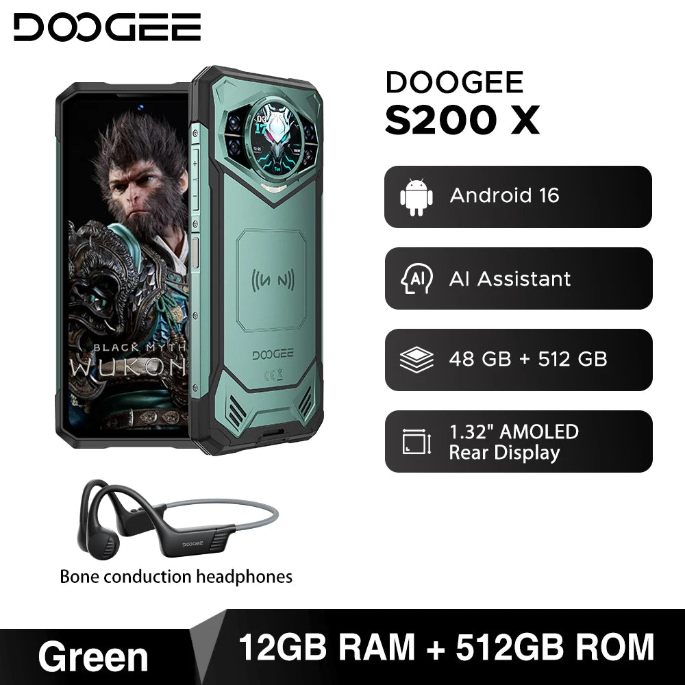DOOGEE S200 X 5G Rugged Phone 48GB 512GB Dimensity 7050 6.72” FHD+120Hz 10100mAh 100MP Camera Android 16 NFC Smartphone