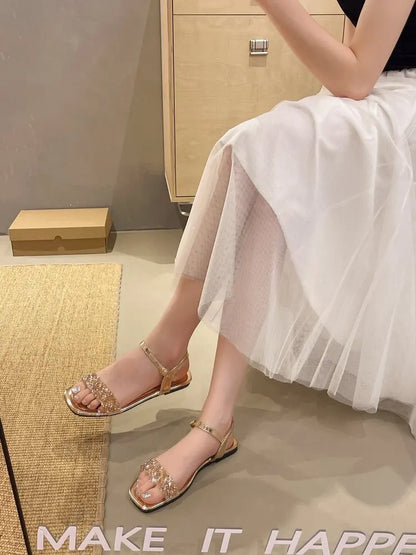 Luxury Crystal Square Toe Sandals Elegant Peep Toe Flat Slides Summer Fashionable Beach Shoes for Women