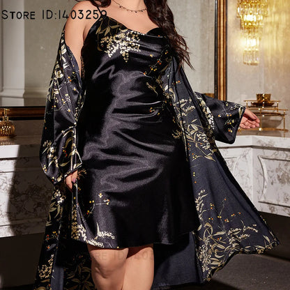 Summer New Women 2PCS Robe Set Nightgown Print Flower Kimono Bathrobe Gown Plus Size Silk Satin Sleepwear Loungewear Home Dress