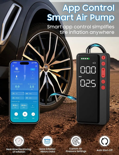 Smart Tire Inflator Portable Air Compressor, APP Control for Car Tires, 10000mAh Fast Pump with LED Light & Auto Shut-Off