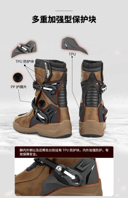 Retro Motorcycle Boots Cowhide Waterproof Mid-Calf Long riding Boots Men Women Riding Motocross Bota Motorbike Motocross Shoes