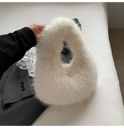 Solid Color Faux Fur Bag for Women Winter Soft Plush Handbags Ladies Small Elegant Tote Bags Fashion Trend Female Furry Purse