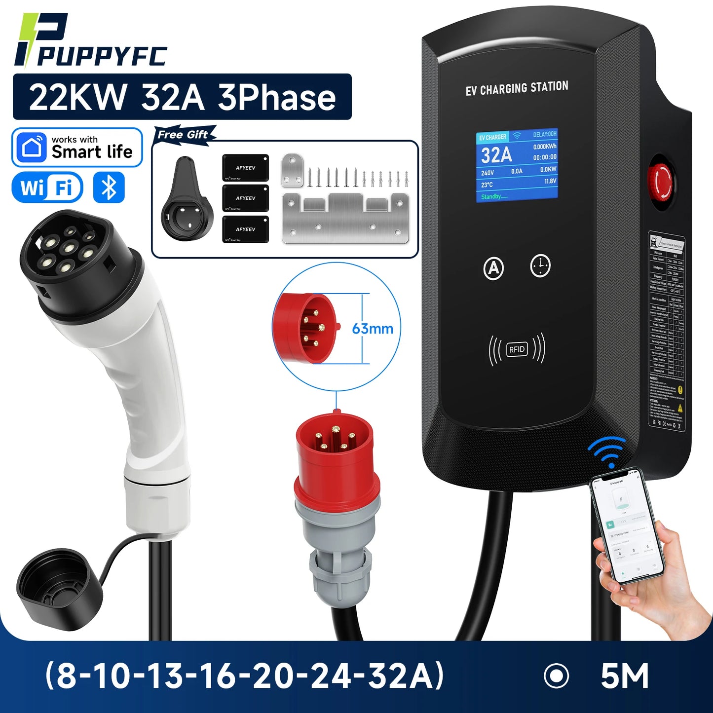 Puppyfc EV Charger 32A 7.6KW Electric Vehicle Car Charger EVSE Wallbox 11KW 22KW 3Phase Type2 5m IEC62196-2 Socket APP Control