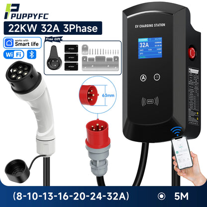 Puppyfc EV Charger 32A 7.6KW Electric Vehicle Car Charger EVSE Wallbox 11KW 22KW 3Phase Type2 5m IEC62196-2 Socket APP Control