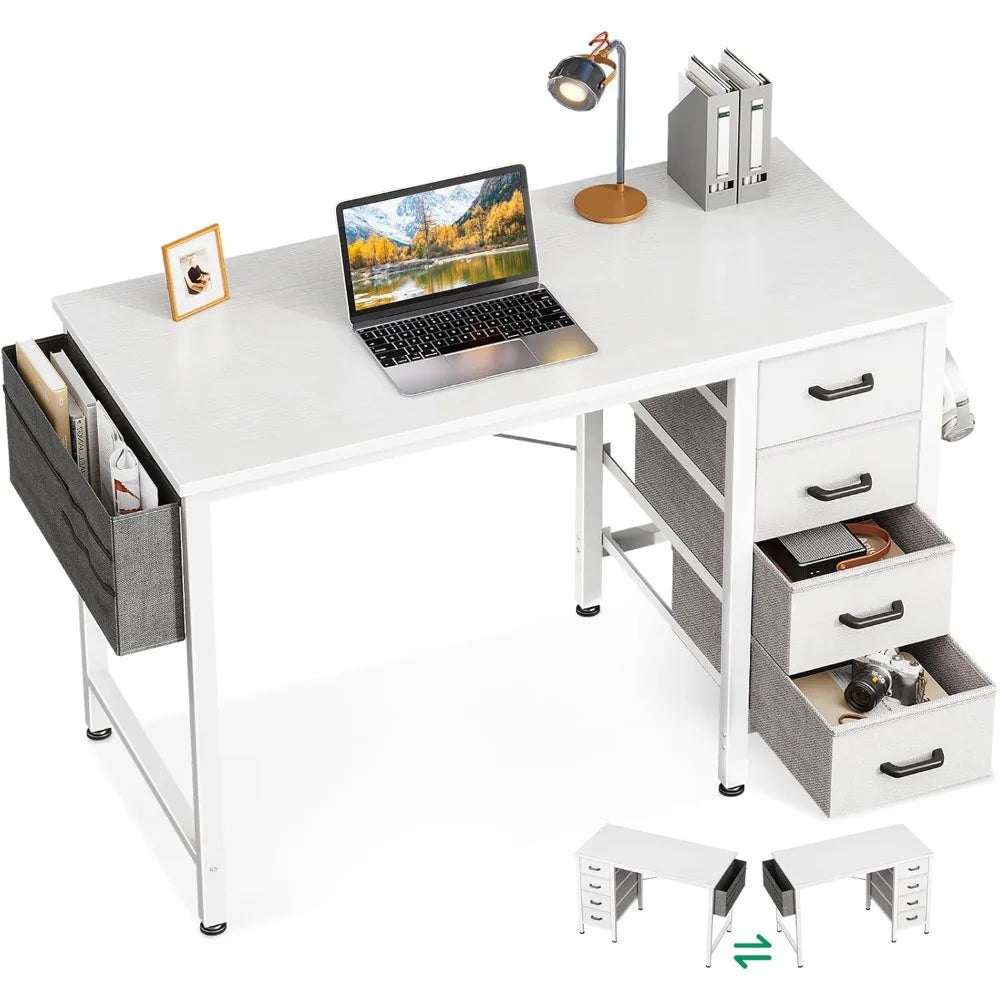32-inch mini computer desk with 4 fabric drawers, storage space, side hooks and a cloth bag; children's desk, white.