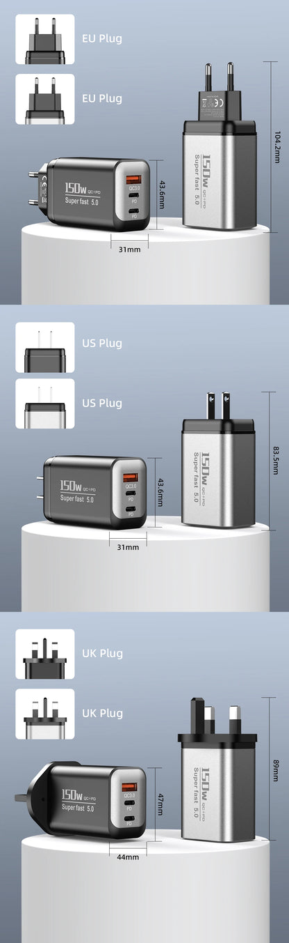 150W USB Type C Charger USB QC3.0 Fast Charging Mobile Phone Charger Travel Adapter For iPhone 17 Samsung Xiaomi EU/UK/US Plug