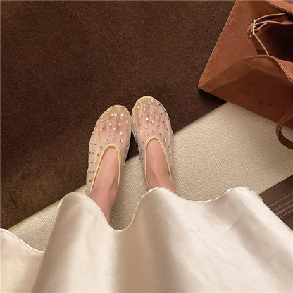 Women Flats Luxury Crystal Rivet Design Sandals Summer Mesh Breathable Ballet Shoes Plus Size Ladies Elegant Party Dress Loafers