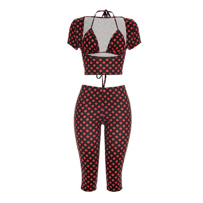 FAGADOER Sexy Woman 3 Piece Set Outfit Polka Dot Print Patchwork Short Sleeve Crop Top and Pants Matching Female Streetwear New