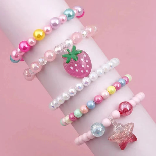 5 PCS Cute Strawberry Pentagram Charm Beaded Bracelets For Girl Dopamine Colored Playful Layered Bracelet Set