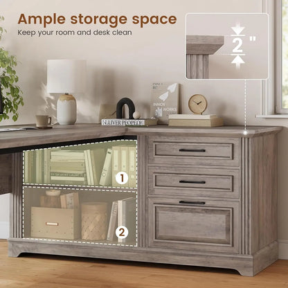 Executive Desk, 61' Farmhouse L Shaped Desk with File Drawers, Office Desk with Drawers and Power Outlets, Computer Desk with