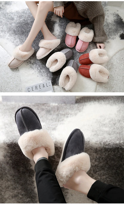 2025 Winter Warm Home Fur Slippers Women Luxury Faux Suede Plush Couple Cotton Shoes Indoor Bedroom Flat Heels Fluffy Slippers