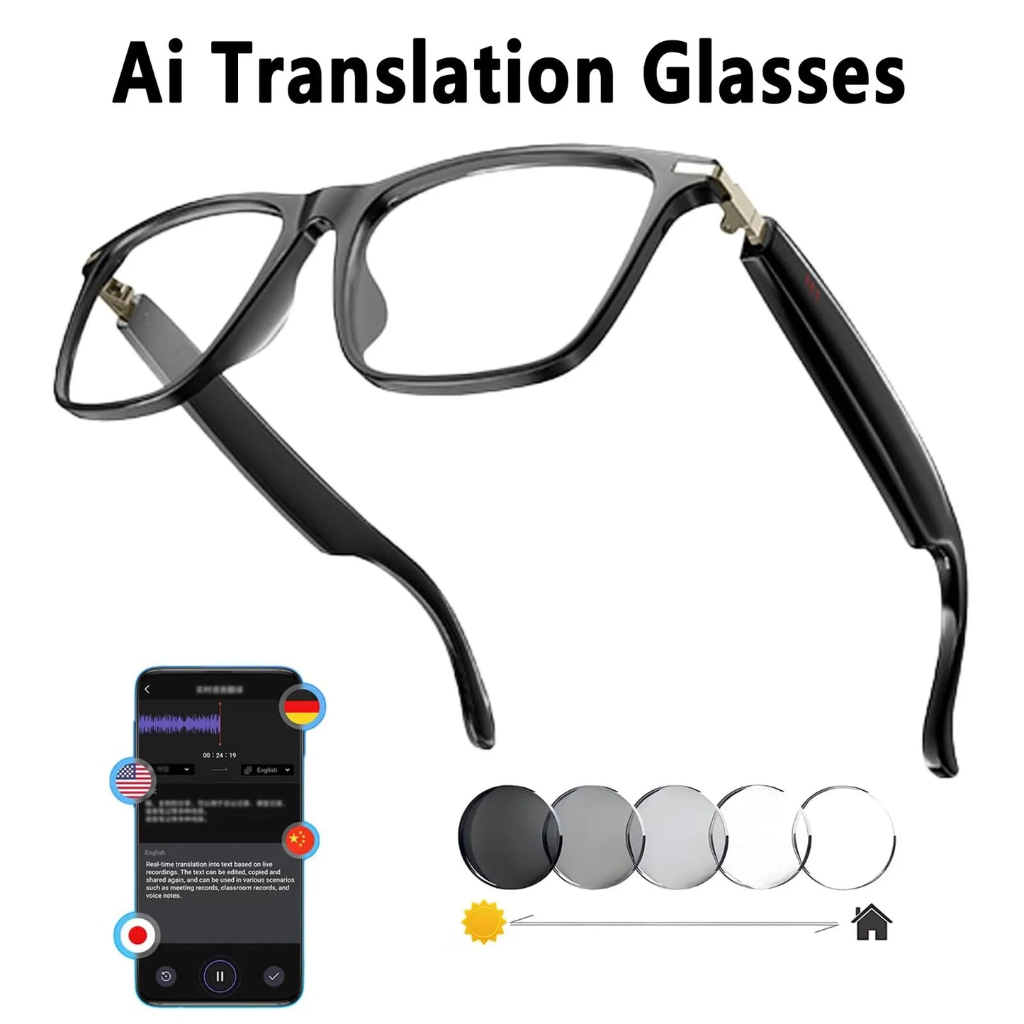 Smart AI translation glasses, real-time app translation in 164 languages, photochromic lenses, flat gray-black lenses.