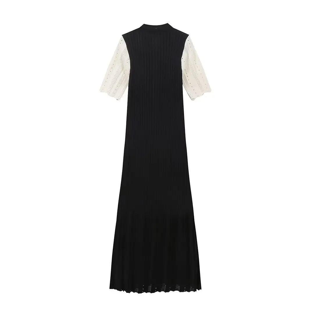 Elegant Knitted Single Breasted Midi Dress Women's Patchwork Dresses Female 2025 Summer Robe New Black Beige Robes Evening Party