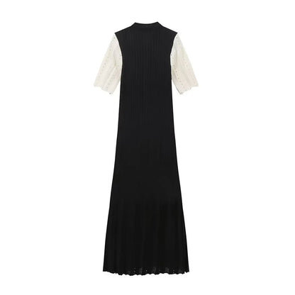 Elegant Knitted Single Breasted Midi Dress Women's Patchwork Dresses Female 2025 Summer Robe New Black Beige Robes Evening Party