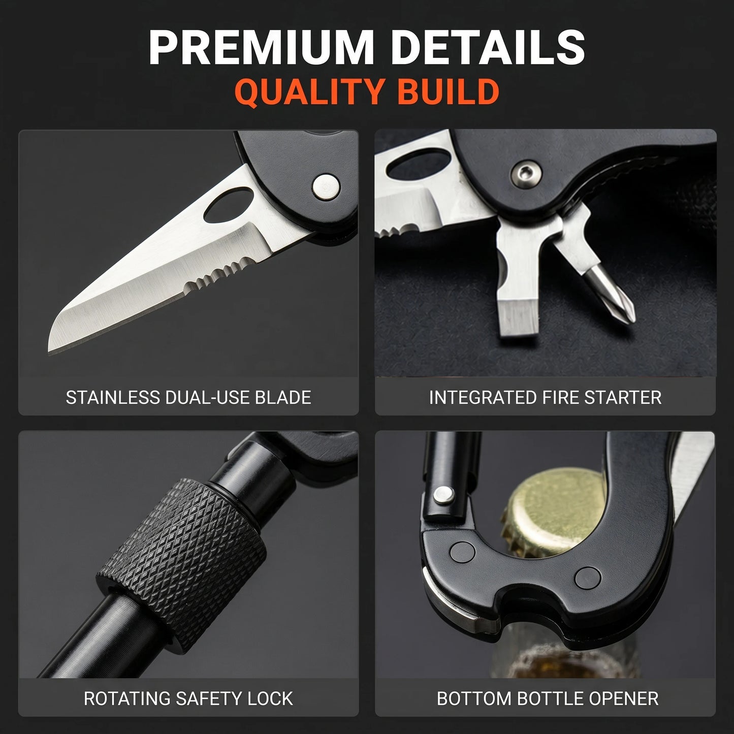 7-in-1 Multifunctional Carabiner EDC Survival Gear with Knife Bottle Opener Fire Starter Screwdriver for Camping Hiking