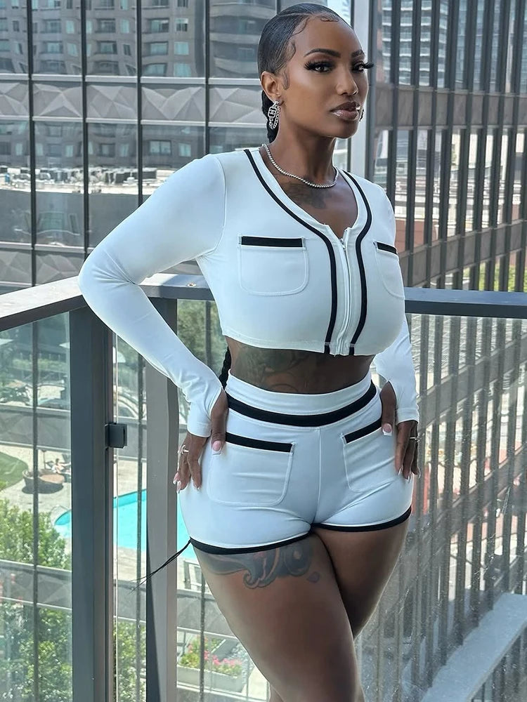 Joskaa 2025 Women's Patchwork Sporty 2 Piece Set Casual Full Sleeve Zip Crop Tops+Shorts Matching Tracksuits Y2k Streetwear