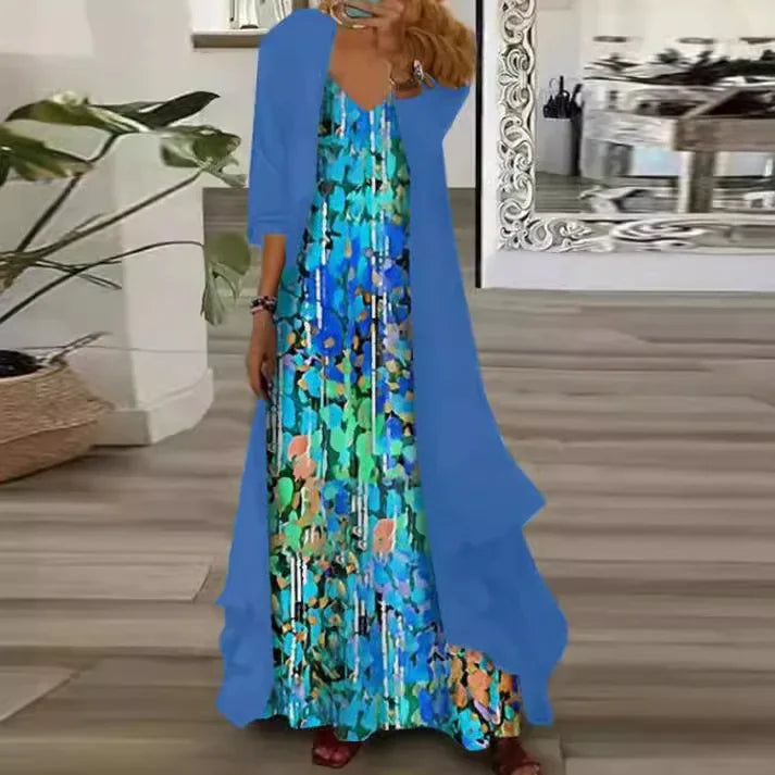 New 2025 Women's Floral Print Dress Two-Piece Set Inner Wear Polyester Fiber Short Sleeve Ankle-Length Regular Waistline