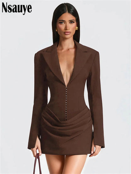 Nsauye Elegant Evening Short Dress Women Fall Long Sleeve Sexy Fashion Night Club Party White Mini Wrap Corset Dress 2025 Winter