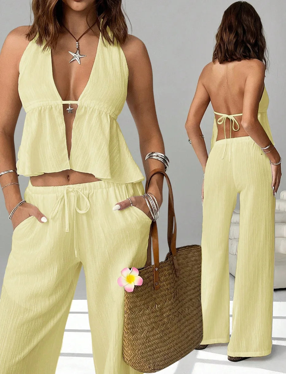 2026 Women's Summer Leisure Pants Outfits Fashion Solid Halter Tie-Up Backless Tank Tops Wide-Leg Pants 2 Pieces Set Streetwear