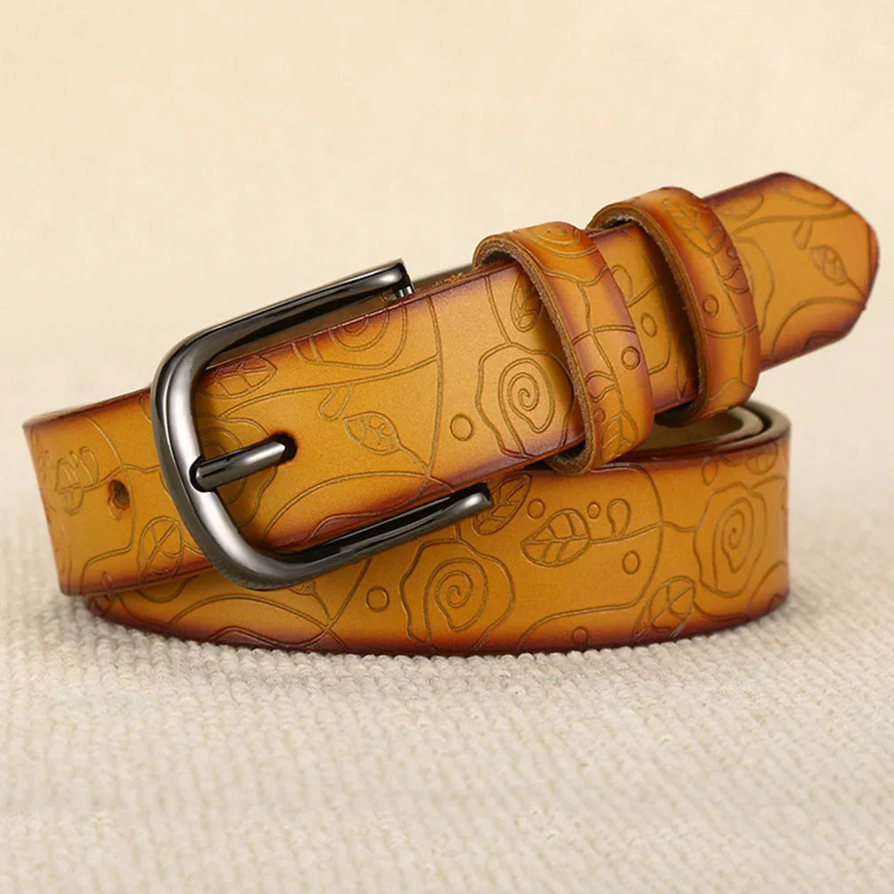 Fashion Design Floral Pattern Rose Red Genuine Leather Female Belt Women's Pin Buckle Metal Belts 28mm Wide 2023 FCO082