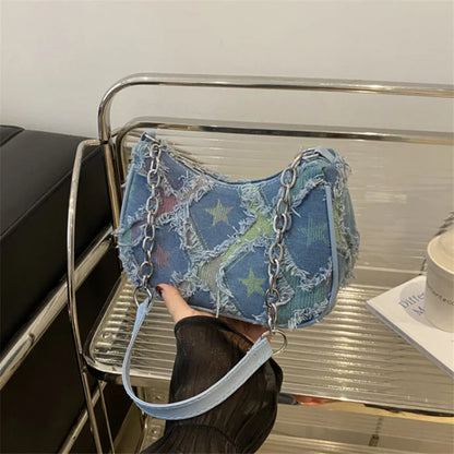 Women's Tote Bag with Star Pattern Blue Distressed Design, Golden-Tone Hardware, Stylish Handbag Shoulder Bag for Everyday Use