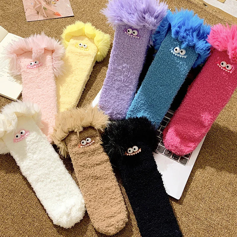Funny Big Mouth Monster Plush Socks Cute And Fun Plush Socks Thick Coral Velvet Cartoon Sleeping Socks Winter Women Socks Gifts