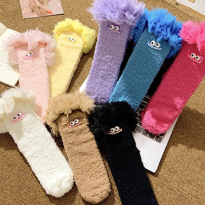 Funny Big Mouth Monster Plush Socks Cute And Fun Plush Socks Thick Coral Velvet Cartoon Sleeping Socks Winter Women Socks Gifts
