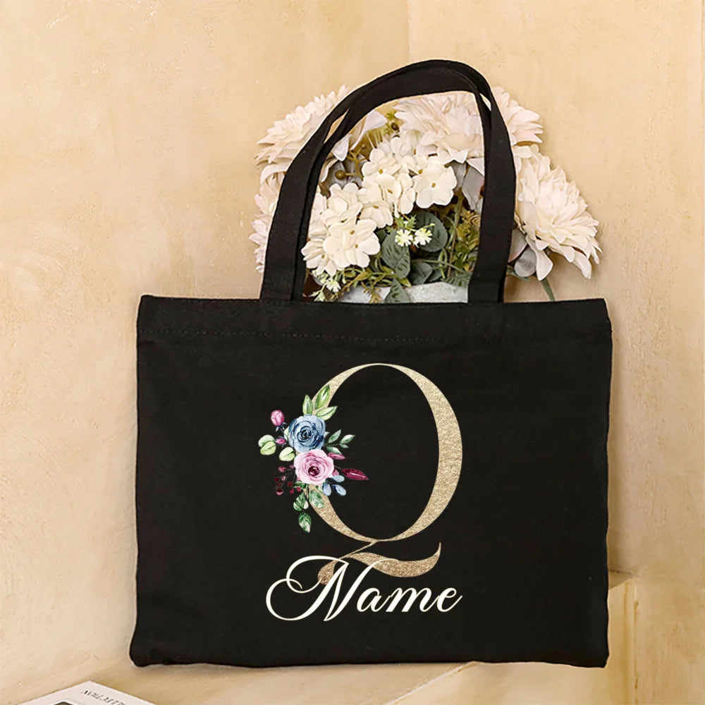 Personalized Initial with Name Tote Bag Women Canvas Shoulder Bags Monogram Shopping Bag Handbags Birthday Wedding Gifts for Her