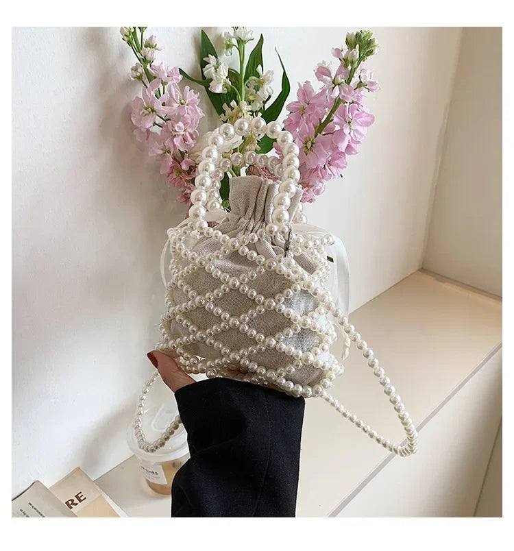 Women Pearl Bag Small Mini Tote Bucket Bag Woven Crossbody Hand Bags for Women Coin Purse Wallet Handbag Ladies Shoulder Bags