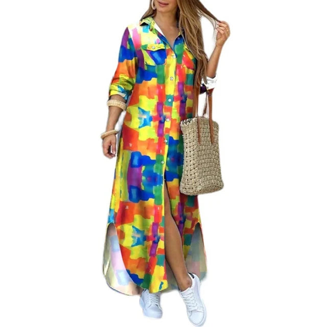 New Autumn Long Dress Long Sleeve Shirt Dress Women Denim Long Dresses Pocket Button Shirt Print Dress Casual Loose Dresses 2023