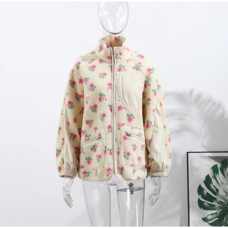 Fashion Lambswool Women's Coats Patchwork Long Sleeve Zipper Pocket Female Parka Jacket 2025 Autumn New Arrival Lady Outerwear