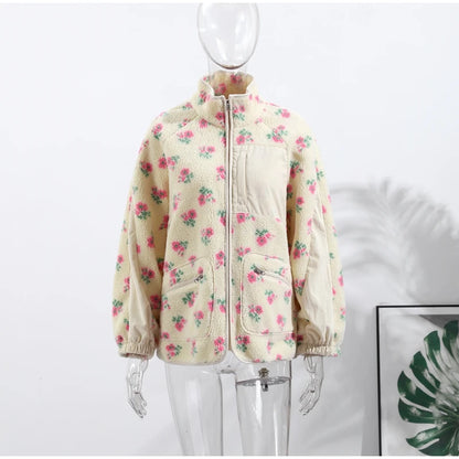 Fashion Lambswool Women's Coats Patchwork Long Sleeve Zipper Pocket Female Parka Jacket 2025 Autumn New Arrival Lady Outerwear