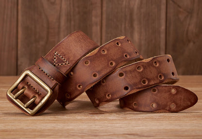 3.8CM Original Handmade Double-needle Buckle Men Belt Washed Water Made Old Macho Jeans Belt Genuine Leather Army Tactical Belt