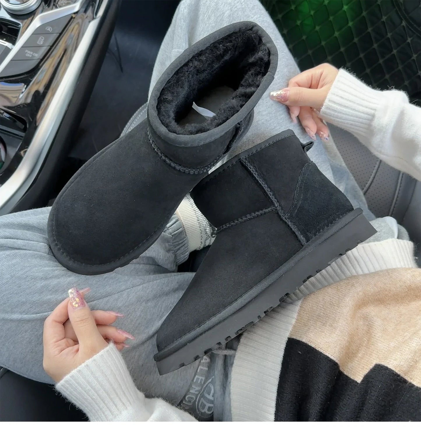 Men's and women's sheepskin and wool integrated snow boots, real leather and fur, winter thick and warm boots for women