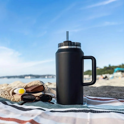 New 64OZ Handle Cup Double-layer Thermos Cup 304 Handle Car Water Cup with Straw for Hot and Cold Drinks, Camping and Sports