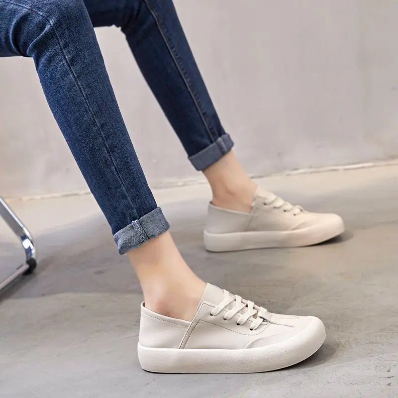 GKTINOO Genuine Leather Lace Up White Shoes For Women Flats Heel Sofe Soles Sneakers Shoes Luxury Leisure Fashion Big Head Shoes