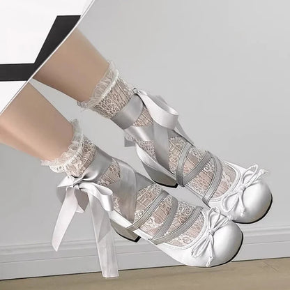 Lolita Cross Strap Pink Round Toe Shoes Ladies Sweet Butterfly Knot Med Heels Mary Janes Shoes Women Fashion Party Shoes Mujer
