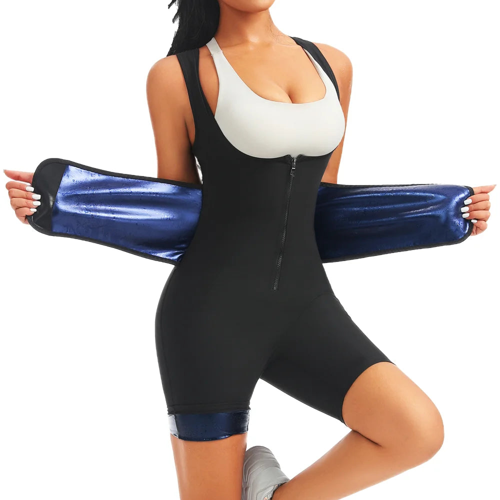 Women Hot Thermo Sweating Bodysuits Fat Burning One Piece Sauna Suits Weight Loss Jumpsuits Fitness Workout Thigh Trimmer Shorts
