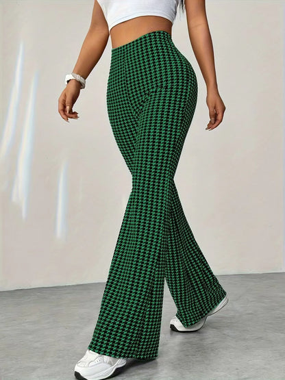 Elastic high waisted herringbone printed flared pants, fashionable casual pants, comfortable micro flared pants