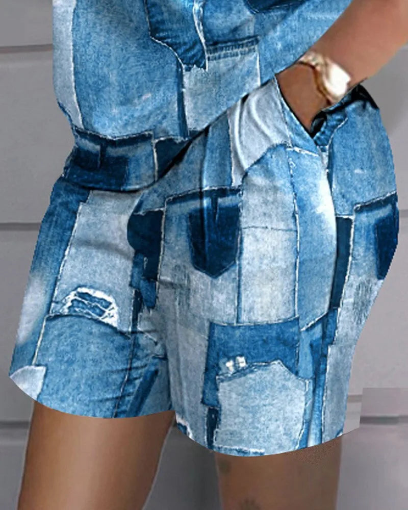 Ladies Casual Summer Two Piece Sets Printed Shorts Sets Women Round Neck Short Sleeve T Shirts Pullover High Waist Trousers Suit